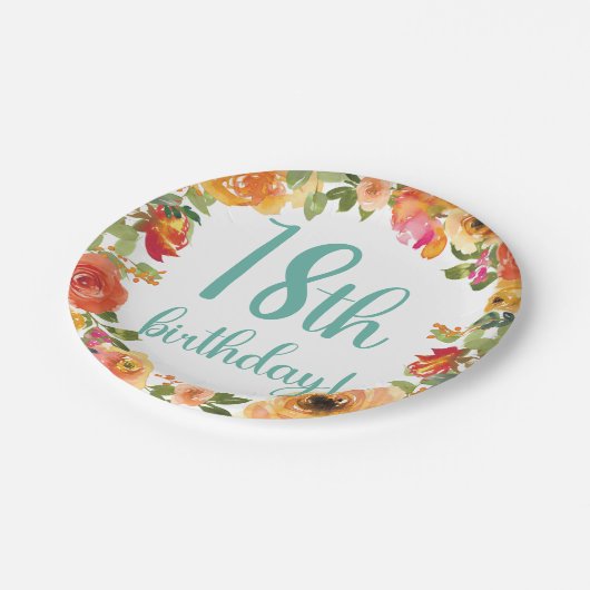 Blumenpapier 18. Geburtstag Pappteller (Schrägansicht)
