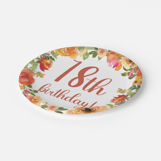 Blumenpapier 18. Geburtstag Pappteller (Schrägansicht)