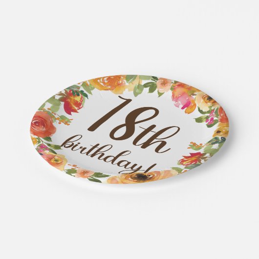 Blumenpapier 18. Geburtstag Pappteller (Schrägansicht)