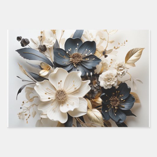 Blumenpapier Gold Blue White Geschenkpapier Set (Vorderseite 2)