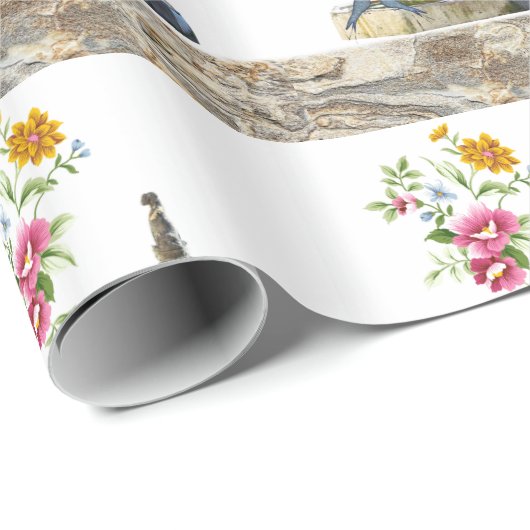 Blumenpapier, Wasserfontäne Vögel blühen Geschenkpapier (Rolleneckpunkt)