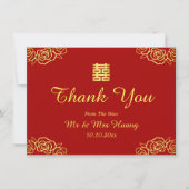 Blumenpapiere Rose Rot und Gold Chinesische Hochze Dankeskarte (Vorderseite)