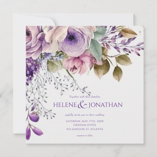 Blumenpastel Lila Moderne Elegante Hochzeit Boho Einladung (Vorderseite)