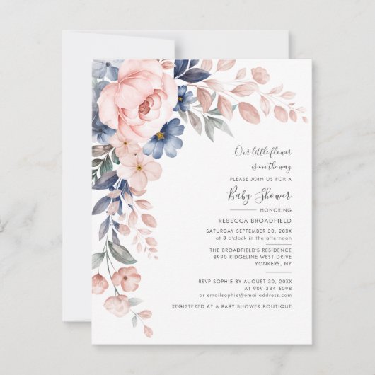 Blumenpastel Pink Blau Wasserfarben Kinderdusche Einladung (Vorderseite)