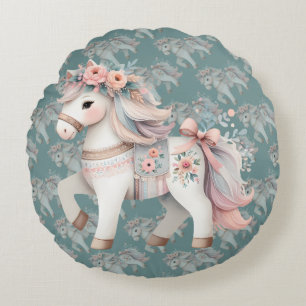 Blumenpastell-Pferd-Fantasy-Illustration Rundes Kissen