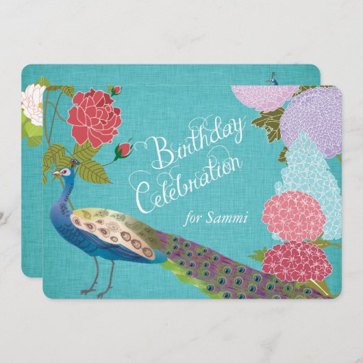 Blumenpfau bei Blue Linen Geburtstag Einladung (Vorne/Hinten)