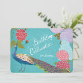 Blumenpfau bei Blue Linen Geburtstag Einladung (Stehend Vorderseite)