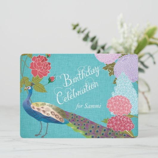 Blumenpfau bei Blue Linen Geburtstag Einladung (Stehend Vorderseite)