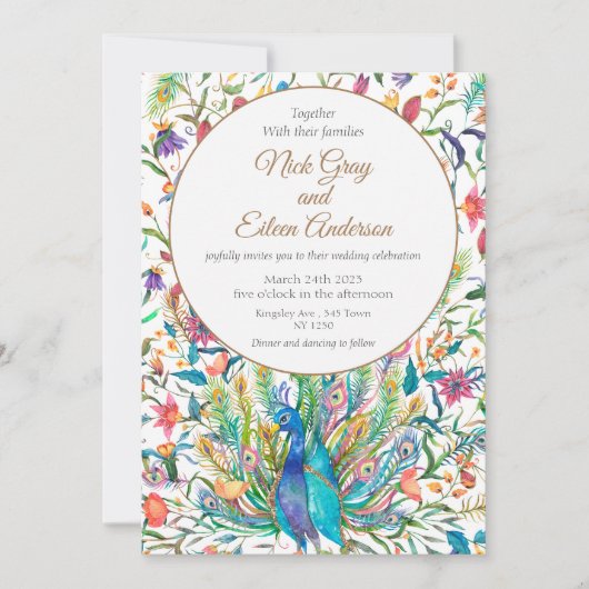 Blumenpfau & Feather Wedding Einladung (Vorderseite)