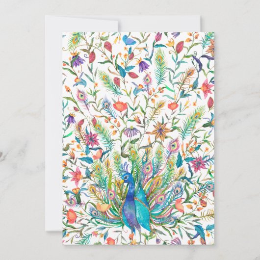 Blumenpfau & Feather Wedding Einladung (Rückseite)