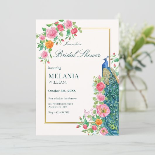 Blumenpfauendusche Einladung (Stehend Vorderseite)
