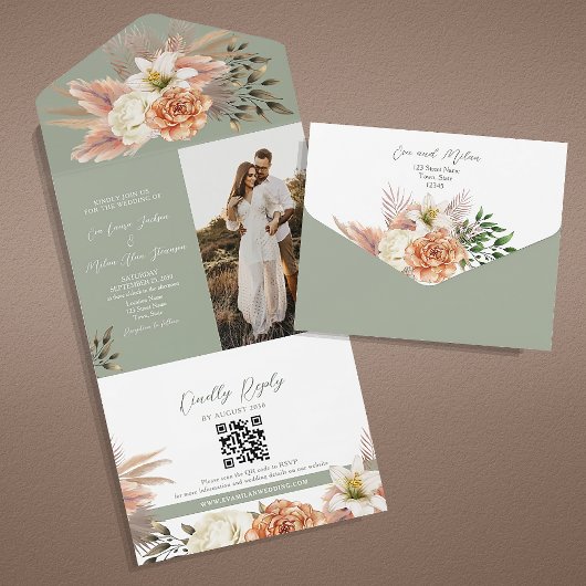 Blumenpfirsich & Sage Green Wedding Einladung