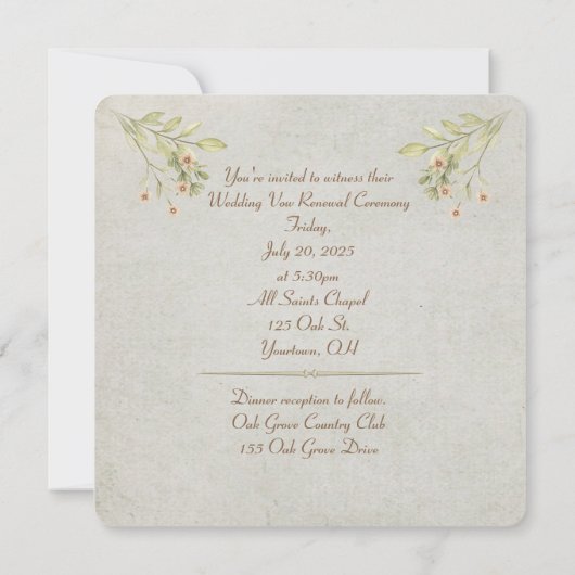 Blumenpfirsich und grüner Blattkranz Vow Erneuerun Einladung (Rückseite)