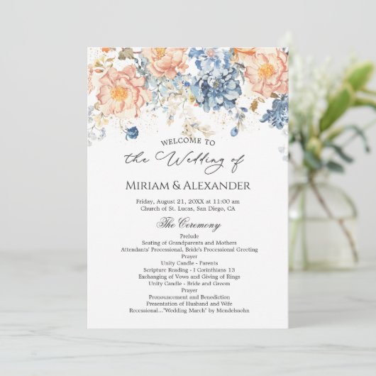 Blumenpfirsichblauer Hochzeitsprogramm Einladung (Stehend Vorderseite)