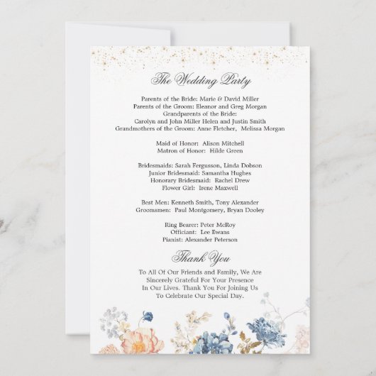 Blumenpfirsichblauer Hochzeitsprogramm Einladung (Rückseite)