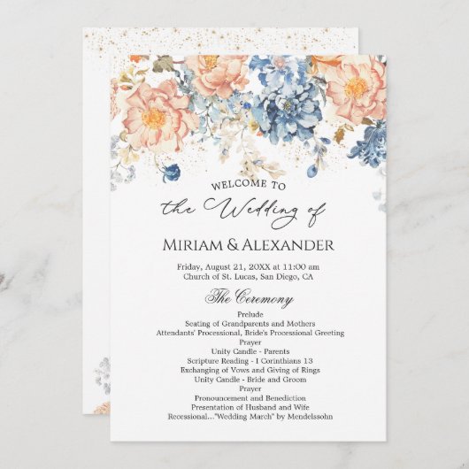 Blumenpfirsichblauer Hochzeitsprogramm Einladung (Vorne/Hinten)