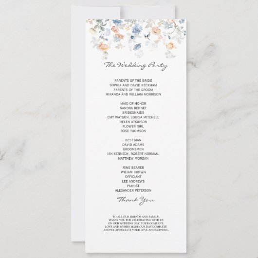 Blumenpfirsichblauer Hochzeitsprogramm Einladung (Rückseite)