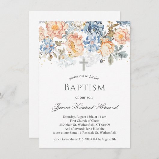 Blumenpfirsichblütenblauer Taufe Einladung (Vorne/Hinten)