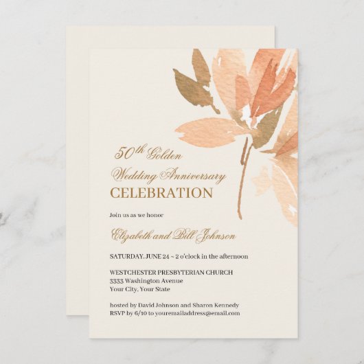 Blumenpfirsichcreme Gold 50. Hochzeitstag Einladung (Vorne/Hinten)