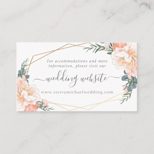 Blumenpfirsichcreme Gold Dusty Blue Wedding Websit Begleitkarte (Vorderseite)