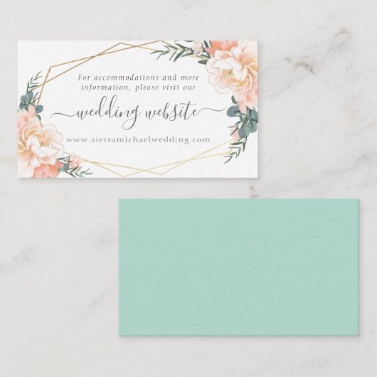 Blumenpfirsichcreme Gold Mint Green Wedding Websit Begleitkarte (Vorne/Hinten)