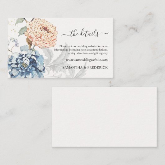 Blumenpfirsiche Blush Blue Hochzeitdetails Begleitkarte (Vorne/Hinten)