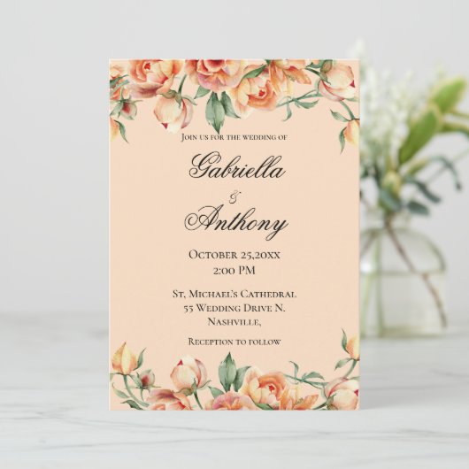 Blumenpfirsichfarben Moderne Hochzeitseinladung Einladung (Stehend Vorderseite)