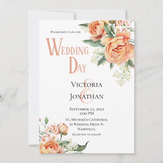 Blumenpfirsichfarben Moderne Hochzeitseinladung Einladung (Vorderseite)