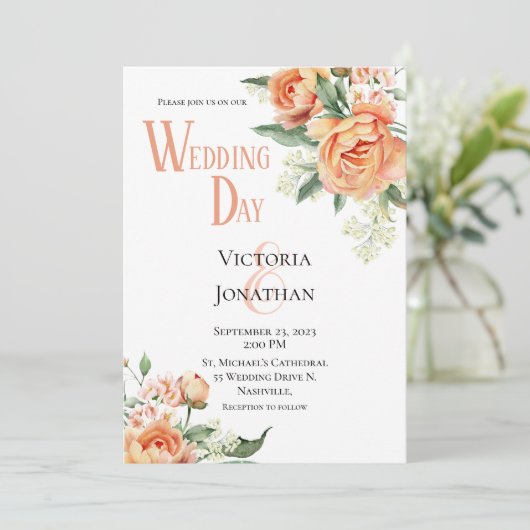 Blumenpfirsichfarben Moderne Hochzeitseinladung Einladung (Stehend Vorderseite)