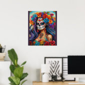 Blumenplendor im Zuckerschädel Poster (Heimbüro)
