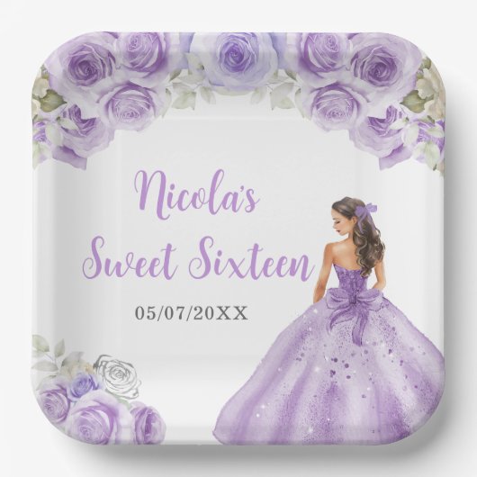 BlumenPrinzessin im Lila Kleid 16 . Geburtstag Pappteller (Vorderseite)