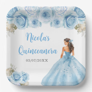 BlumenPrinzessin in blauem Kleid Quinceanera Pappteller