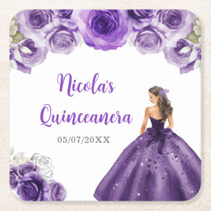 BlumenPrinzessin in dunklem Lila Kleid Quinceanera Rechteckiger Pappuntersetzer