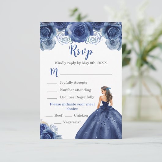 BlumenPrinzessin in einer Navy Blue Dress Meal Cho RSVP Karte (Stehend Vorderseite)