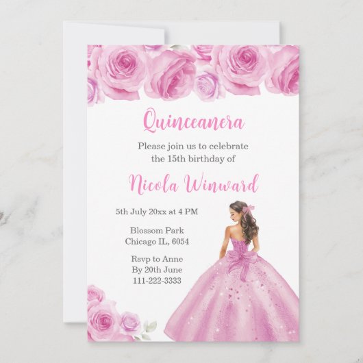 BlumenPrinzessin in hellrosa Kleid Quinceanera Einladung (Vorderseite)