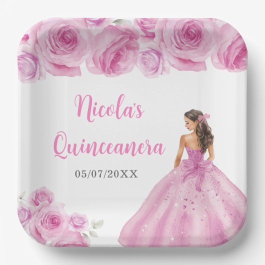 BlumenPrinzessin in hellrosa Kleid Quinceanera Pappteller (Vorderseite)