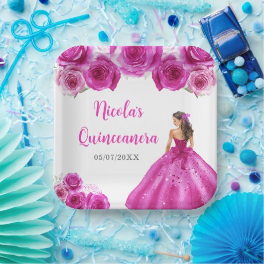 BlumenPrinzessin in Hot Pink Dress Quinceanera Pappteller (Party)