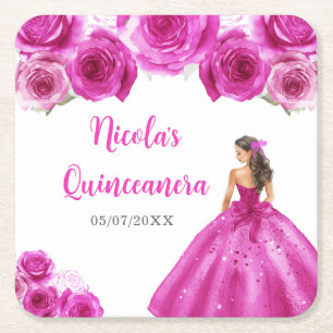BlumenPrinzessin in Hot Pink Dress Quinceanera Rechteckiger Pappuntersetzer
