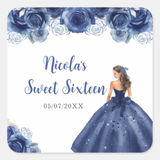 BlumenPrinzessin in Navy Blue Dress 16 . Geburtsta Quadratischer Aufkleber (Vorderseite)
