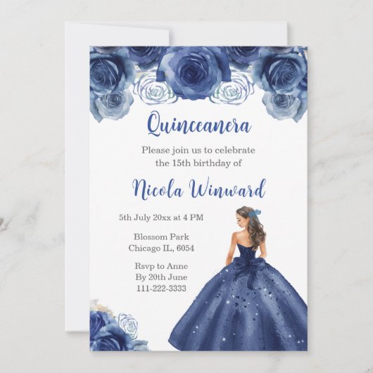 BlumenPrinzessin in Navy Blue Dress Quinceanera Einladung (Vorderseite)