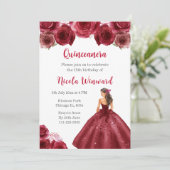 BlumenPrinzessin in Rotem Kleid Quinceanera Einladung (Stehend Vorderseite)