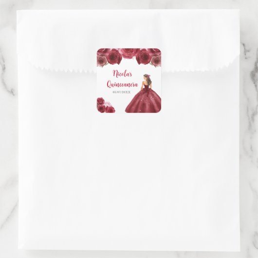 BlumenPrinzessin in Rotem Kleid Quinceanera Quadratischer Aufkleber (Tasche)