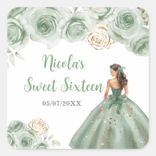 BlumenPrinzessin in Sage Green Dress 16 . Geburtst Quadratischer Aufkleber (Vorderseite)