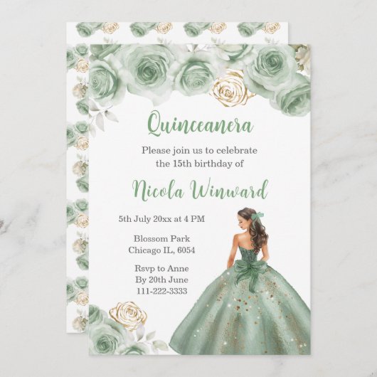 BlumenPrinzessin in Sage Green Dress Quinceanera Einladung (Vorne/Hinten)