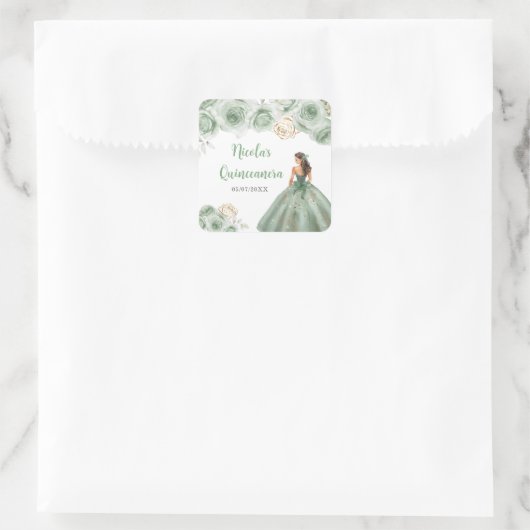 BlumenPrinzessin in Sage Green Dress Quinceanera Quadratischer Aufkleber (Tasche)