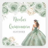 BlumenPrinzessin in Sage Green Dress Quinceanera Quadratischer Aufkleber (Vorderseite)