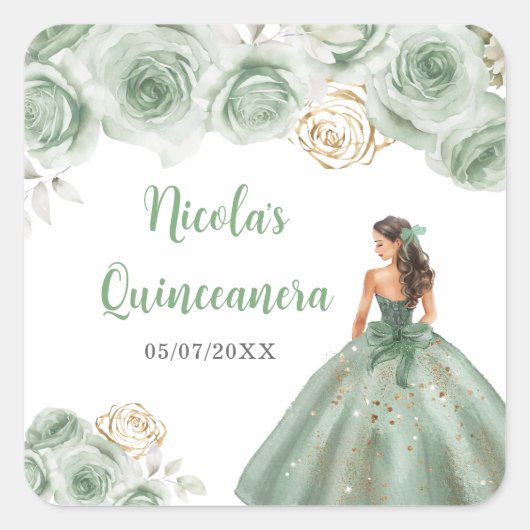 BlumenPrinzessin in Sage Green Dress Quinceanera Quadratischer Aufkleber (Vorderseite)