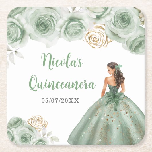 BlumenPrinzessin in Sage Green Dress Quinceanera Rechteckiger Pappuntersetzer (Vorderseite)