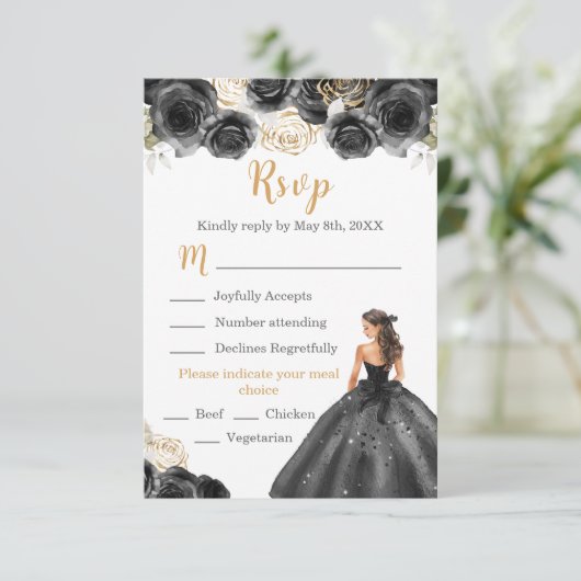 BlumenPrinzessin in Schwarz-Dress-Auswahl RSVP Karte (Stehend Vorderseite)