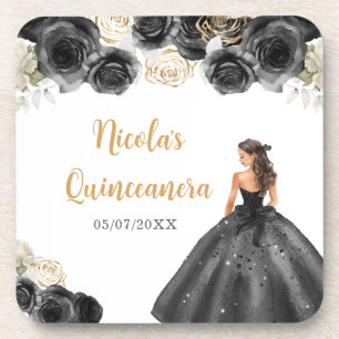 BlumenPrinzessin in Schwarz-Kleid Quinceanera Getränkeuntersetzer